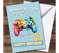 Grandson 12th Gamepad Splash Gamer Boys Custom Personalised Birthday Card - Personalised Birthday Greeting Card for Kids, Custom Birthday Card