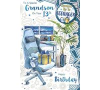 Grandson 13th Birthday Card & Badge Age 13 Teenager Gaming Chair Desk Foil 9x6"