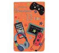 ICG Grandson 13th Birthday Card For Boys - Age 13 - Gaming Technology, Mobile Phone and Headphones - Embossed with Silver Foil Stars - Made in the UK