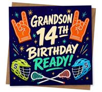 Grandson 14th Birthday Card - Birthday Ready Design with Fun Hand Gestures and Lacrosse Theme