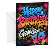 Grandson 14th Birthday Card Graffiti Street Art Typography | Large A5 Card with Printed Inside Message; Graffiti Street Art Typography for Grandson 14th Birthday