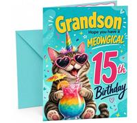 Grandson 15th Birthday Card Meowgical Cat Rainbow Cocktail | Large A5 Card with Printed Inside Message; Bright teal with a cool cat in heart sunglasses for Grandson 15th Birthday