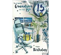 “Grandson 15th Birthday Card with Badge - Large 9x6 Inch Gaming Themed Card for Boys Age 15 - Special Grandson Birthday Card with Badge - Happy 15th Birthday Gift Card for Gamer Teen Boys”