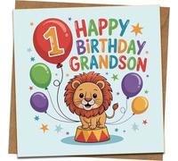 Grandson 1st Birthday Card - Cute Lion & Balloons Design - 145mm x 145mm Square Greeting Card - Includes Kraft Envelope - Colorful Happy Birthday Grandson Card for Boys