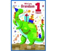 Grandson 1st Birthday Card, Dinosaur Theme with Gifts Design, 13 x 19 cm