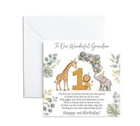 Grandson 1st Birthday Card, Safari Animals Theme, Happy First Bday Greeting for Boys, Cute One Year Old Gift from Grandparents with Envelope,13x13cm