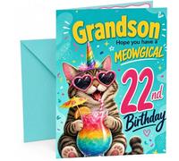 Grandson 22nd Birthday Card Meowgical Unicorn Cat Cocktail | Large A5 Card with Printed Inside Message; Teal confetti for Grandson 22nd Birthday