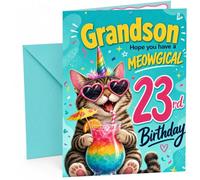 Grandson 23rd Birthday Card Meowgical Unicorn Cat Cocktail | Large A5 Card with Printed Inside Message; Bright teal for Grandson 23rd Birthday