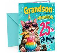 Grandson 25th Birthday Card Meowgical Unicorn Cat Cocktail | Large A5 Card with Printed Inside Message; Bright teal for Grandson 25th Birthday