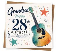Grandson 28th Birthday Card with Guitar Design and Music Notes, Happy 28th Birthday for Music Lover Grandson