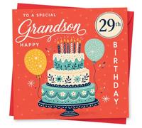 Grandson 29th Birthday Card - Special Grandson Birthday Card with Cake and Balloons, Fun Celebration Design