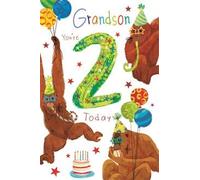 Grandson 2nd Birthday Card - Fun Animal Design with Balloons, Cake & Jungle Theme - Includes Verse - Age 2 Greeting Card for Grandson