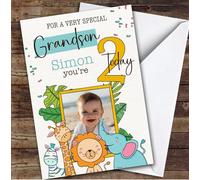 Grandson 2nd Safari Animals Photo Boys Custom Personalised Birthday Card - Personalised Birthday Card For 2nd Birthday, Custom Birthday Card