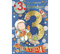 Grandson 3rd Birthday Card & Badge - Gold Foil 3 & Boy in Space 9" x 6"