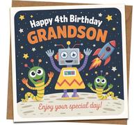 Grandson 4th Birthday Card - Space Robot & Rocket Design - 145mm x 145mm Square - Includes Kraft Envelope - Cute Kids Boys Happy Birthday Greeting Card