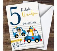 Grandson 5th Animal Police Cars Boys Custom Personalised Birthday Card - Personalised Birthday Card For 5th Birthday, Custom Birthday Card
