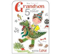 Grandson 5th Birthday Card - Age 5 - Dinosaur Boy - Special Finishes and Illustrated Insert Leaf - Made in the UK - Eco-Friendly