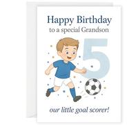 Grandson 5th Birthday Card - Football Theme - Cute Kids Birthday Card with Boy Kicking Ball - “Our Little Goal Scorer” - Age 5 for Special Grandson - A5 with Envelope