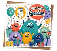 Grandson 5th Birthday Card - To a Special Grandson with Cute Monsters, Balloons and Presents, Fun Celebration Card for Boy Age 5