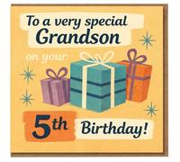 Grandson 5th Birthday Card - To a Very Special Grandson on Your 5th Birthday - Retro Presents Design with Gifts