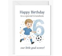 Grandson 6th Birthday Card - Football Theme - Cute Kids Birthday Card with Boy Kicking Ball - “Our Little Goal Scorer” - Age 6 for Special Grandson - A5 with Envelope