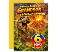 Grandson 6th Birthday Card - Roarsome T-Rex Birthday Card - for Grandson - A5 Size Card with Yellow Envelope, Made in UK
