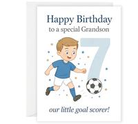 Grandson 7th Birthday Card - Football Theme - Cute Kids Birthday Card with Boy Kicking Ball - “Our Little Goal Scorer” - Age 7 for Special Grandson - A5 with Envelope