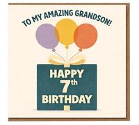 Grandson 7th Birthday Card - To My Amazing Grandson, Happy 7th Birthday Gift Box and Balloons Design