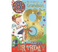 Grandson 8th Birthday Card and Badge 8 Today Boy on Bike with Gold Foil 9 x 6