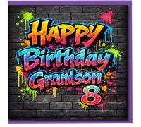 Grandson 8th Birthday Card - Colourful Graffiti Street Art Design - Boys Age 8 Birthday Greeting Card