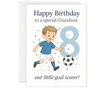 Grandson 8th Birthday Card - Football Theme - Cute Kids Birthday Card with Boy Kicking Ball - “Our Little Goal Scorer” - Age 8 for Special Grandson - A5 with Envelope