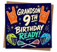 Grandson 9th Birthday Card - Fun Lacrosse Theme with Rock Hand Gestures, Birthday Ready Design for Grandson
