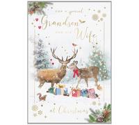 Grandson and His Wife Christmas Card - Special Finishes - Stag and Woodland Animals - Artistic Festive Design - Illustrated Insert Leaf - Made in the UK - Eco-Friendly