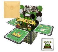 Grandson Birthday Card, 3D Pop Up Happy Birthday Card with Envelope, Green Pixel Style Greeting Cards, Funny Surprise Box for Birthdays Holiday Celebrations, Gaming Gifts for Boys