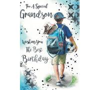 Grandson Birthday Card - Boy with Backpack - Football & Boots Design - Silver Foil Finish - Full-Color Message Insert - With Envelope