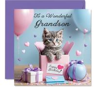 Grandson Birthday Card - Cat Present - Happy Birthday Card for Grandson from Grandad Nanny, 145mm Cat Present Bday Greeting Cards