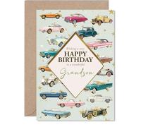 Grandson Birthday Card - Classic Cars - Happy Birthday Card for Grandson from Grandad Nanny, A5 Vintage Motors Bday Greeting Cards