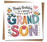 Grandson Birthday Card - Happy Birthday to a Special Grandson, Colourful Patchwork Button Design, 145mm x 145mm Square, Cute Bunting and Hearts, Includes Kraft Envelope