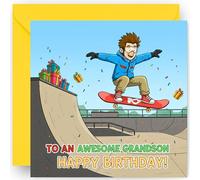 Grandson Birthday Card - Skateboard Theme Greeting Card for Boys - Happy Birthday Grandson Gift from Grandma & Grandad - with a Bright Yellow Envelope - Size: 14cm