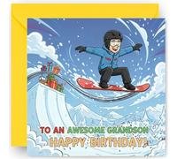Grandson Birthday Card - Snowboarding Theme Greeting Card for Boys - Happy Birthday Grandson Gift from Grandma & Grandad - with a Bright Yellow Envelope - Size: 14cm