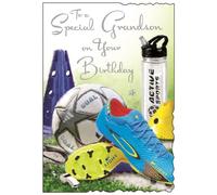 Grandson Birthday Card - Special Grandson - Sporty Football Design - Special Finishes and Illustrated Insert Leaf - Made in the UK