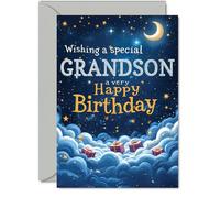Grandson Birthday Card - Starry Night Moon Clouds - Happy Birthday Card for Grandson from Grandad Nanny, A5 Male Bday Greeting Cards