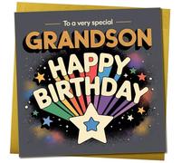 Grandson Birthday Card - To a Very Special Grandson, Happy Birthday - Colourful Stars - 145mm x 145mm -, Includes Gold Envelope