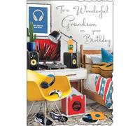 Grandson Birthday Card with Insert - Guitar on Bed Vinyl's Music and Silver Embossed Foil 9x6.25