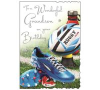 Grandson Birthday Card - Wonderful Grandson - Sporty Rugby Design - Special Finishes and Illustrated Insert Leaf - Made in the UK