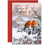 Grandson & Boyfriend Christmas Card - Two Robins - Medium Sized Card (A5 Size -148mm x 210mm) with Envelope