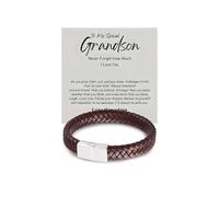 Grandson Bracelet From Grandma Grandpa Brown Handmade Braided Leather Bracelet with Sturdy Stainless Steel Clasp Gifts for Grandson, L, no gemstone