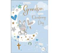 Grandson Christening Congratulations Card - Special Grandson - Rabbit and Moon Design - Special Finishes and Illustrated Insert Leaf - Made in the UK