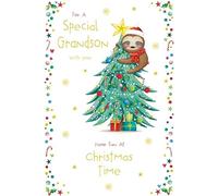 Grandson Christmas Card Cute Sloth Tree Gifts Stars 9" x 6" Lovely Verse