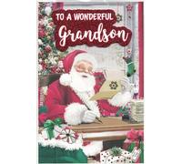 Grandson Christmas Card - Large 24 x 16 cm | Traditional Santa Design with Red Glitter “To a Wonderful Grandson” | Luxury Festive Card, Includes Envelope | Xmas Card